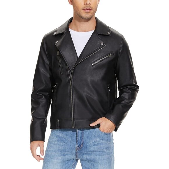 Men Black Faux Leather Biker Jacket Slim Fit Motorcycle Bomber Zip Up Coat - Picture 3 of 6